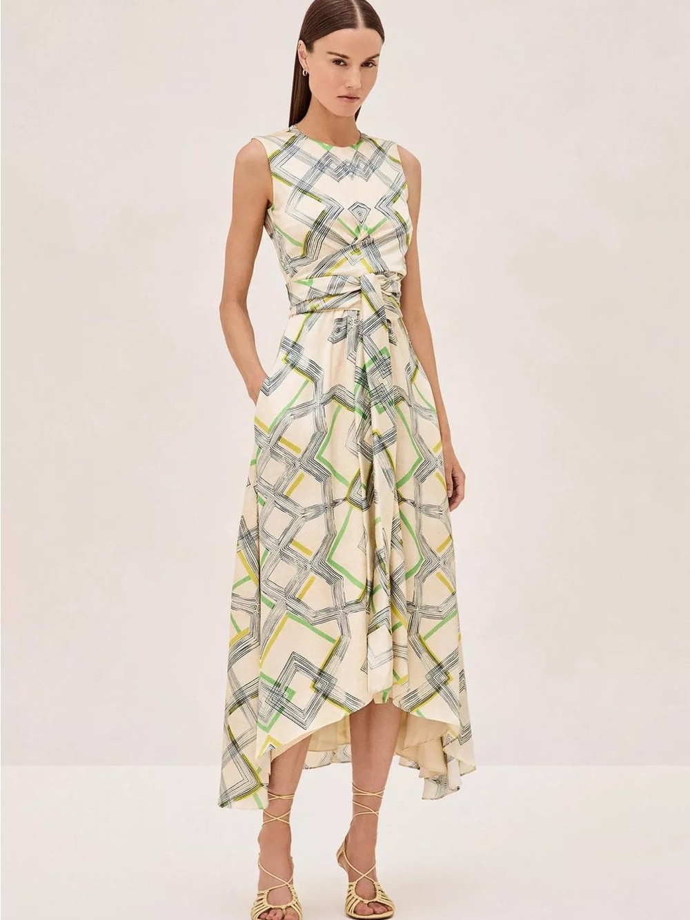 Alexis Ivory Geo-Print Sleeveless Tie-Waist Midi Dress